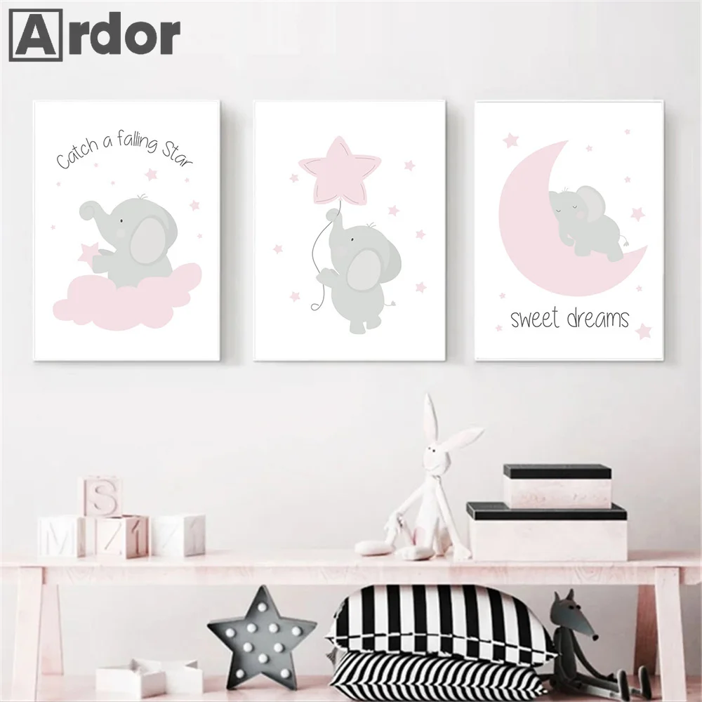 

Abstract Elephant Pink Baby Girl Wall Art Canvas Painting Moon Star Poster Baby Nursery Print Nordic Pictures Kids Bedroom Decor
