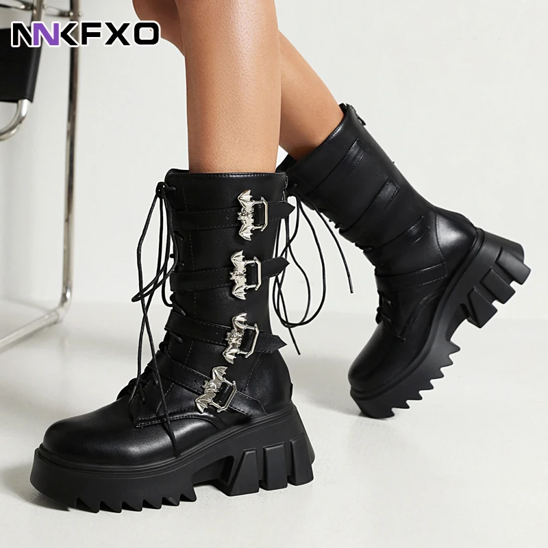 

Black Autumn Winter Punk Halloween Cosplay Mid calf boots for women Platform High Wedges Heels Gothic motorcycle Boots Women