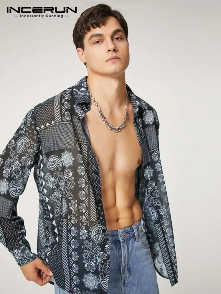 American Style New Men's Printing Tops INCERUN Sexy Casual All-match Lapel Blouse Stylish Male Printed Long-sleeved Shirts S-5XL