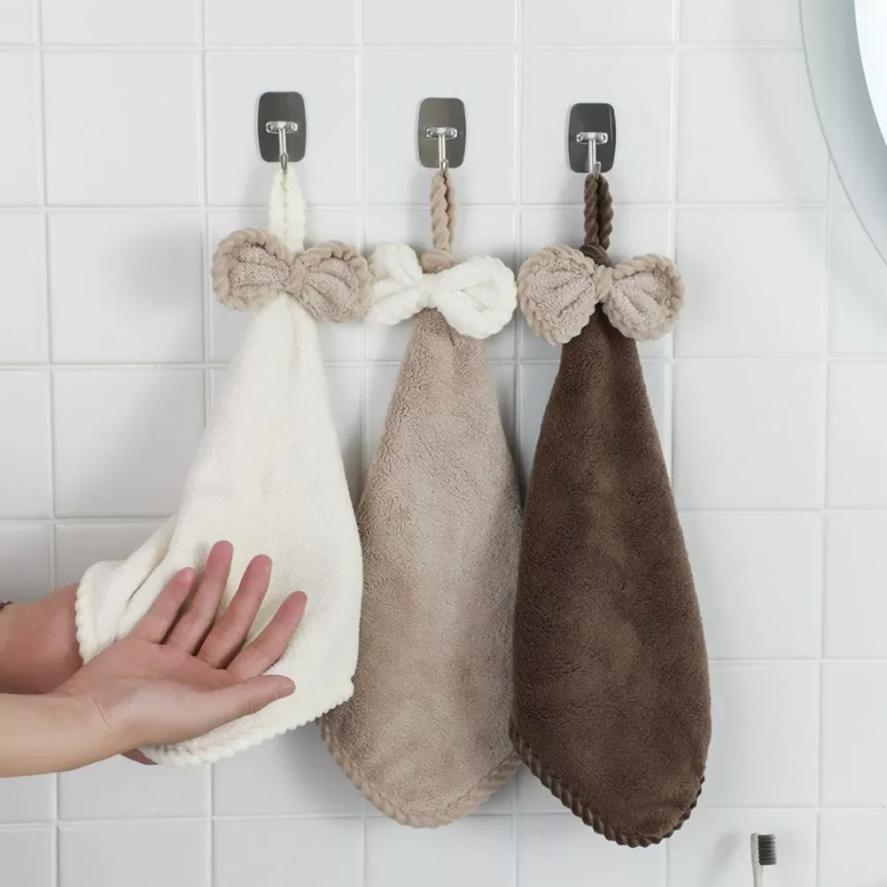 

Bow Hand Towel Coral Fleece Hanging Band Towel Highly Absorbent Quick Drying Bathroom Thickened Cleaning Home Kitchen Wipe Cloth