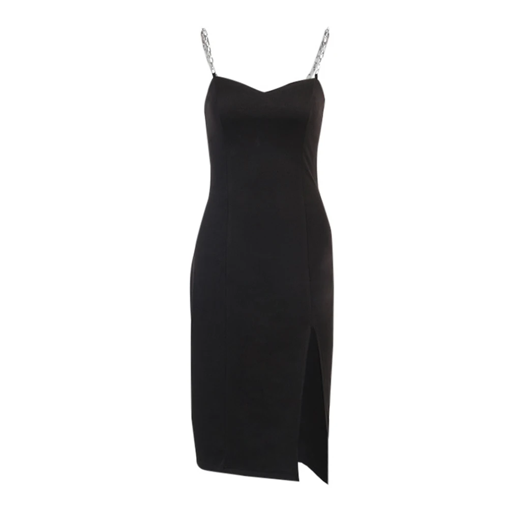 

Womens Dresses Chain Strapless Sleeveless Solid Basic Split Knee-Length Bodycon