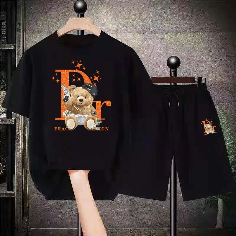 Mens Luxury Oversized Streetwear Funny Anime Tracksuits Hip Hop Bear Unisex T-Shirt Sets Summer Shirt Short Suit Fashion Outfits