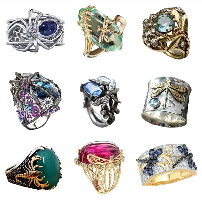 

New Gem Nostalgic Retro Scorpion Animal Ring Insect Dragonfly Spider Personality Creative Metal Diamond Flower Couple Ring