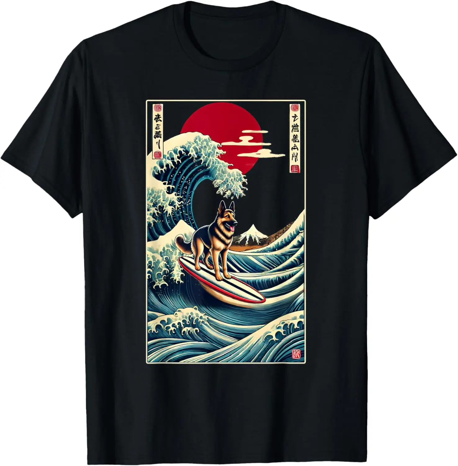 Футболка с изображением немецкой овчарки Канагавы и волновой доски для серфинга