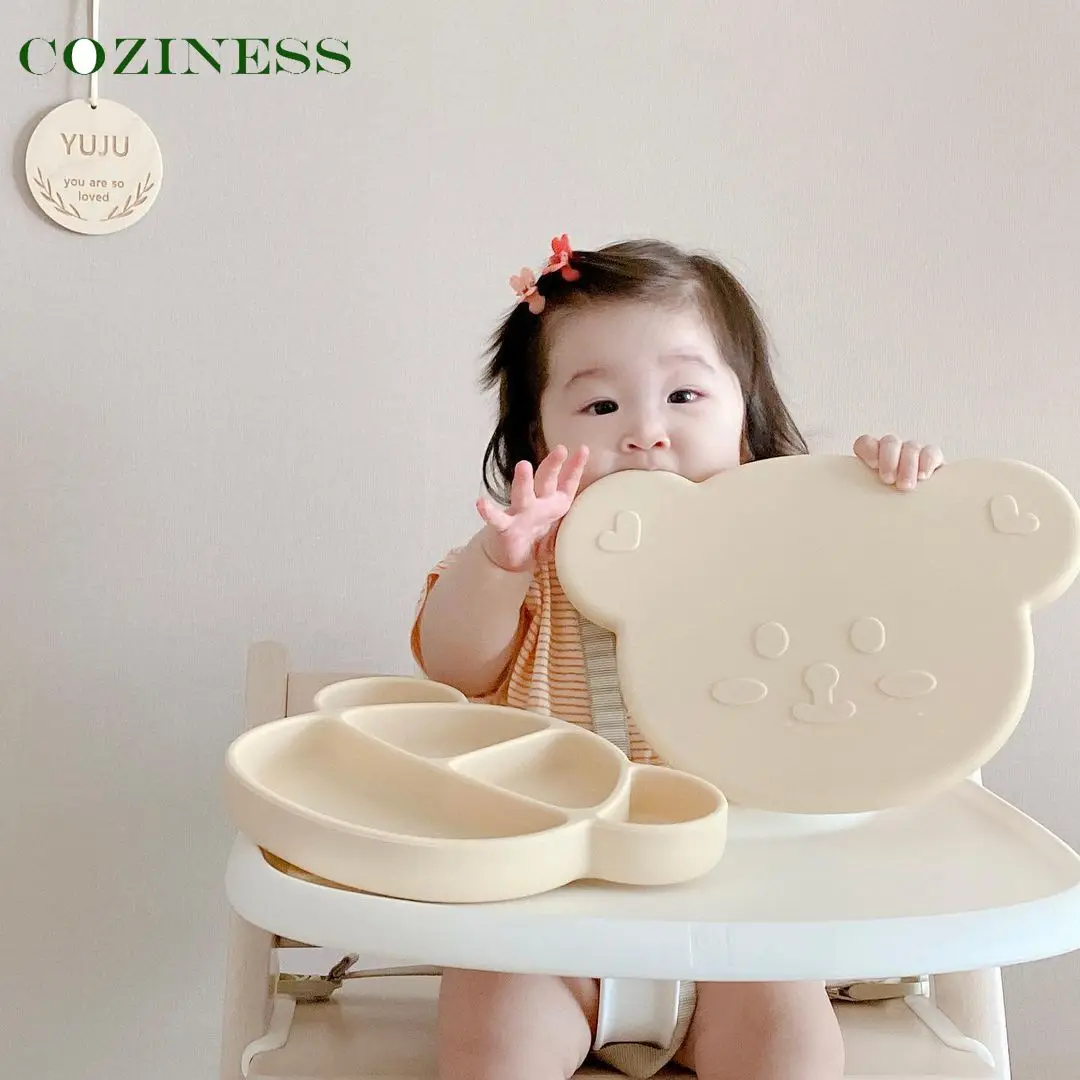 Plato de cena de silicona para bebé, plato de cena con rejilla en forma de oso, tipo ventosa, antivuelcos, fácil de limpiar, tazón de comida complementaria para niño