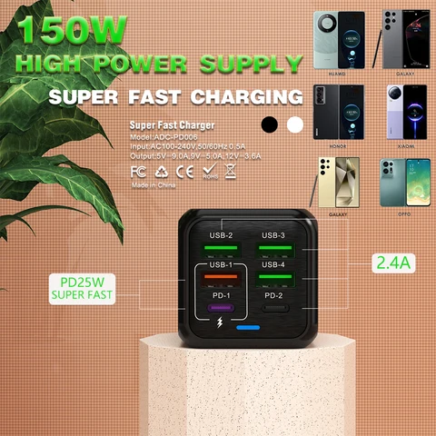 150 Вт, 6 портов Pd QC 4,0, USB C, быстрое зарядное устройство, настенный адаптер, сверхбыстрая зарядка для Iphone, Samsung, Ipad, Xiaomi, Huawei Oneplus Oppo