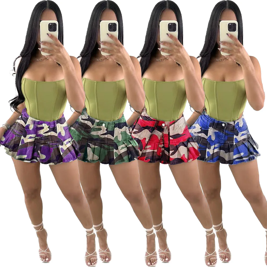 

Camouflage Printed Denim Mini Skirts Women Summer Sexy Ruffle Short Skirt Jeans Female Streetwear Pocket Slim A-line Mini Skirts