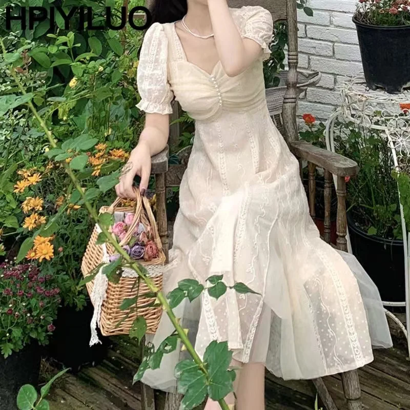 

HPIYILUO French Vinatge Midi Dresses Women Casual Short Sleeve Elegant Sweet Dress Female Party One Piece Dress Korean Fahion