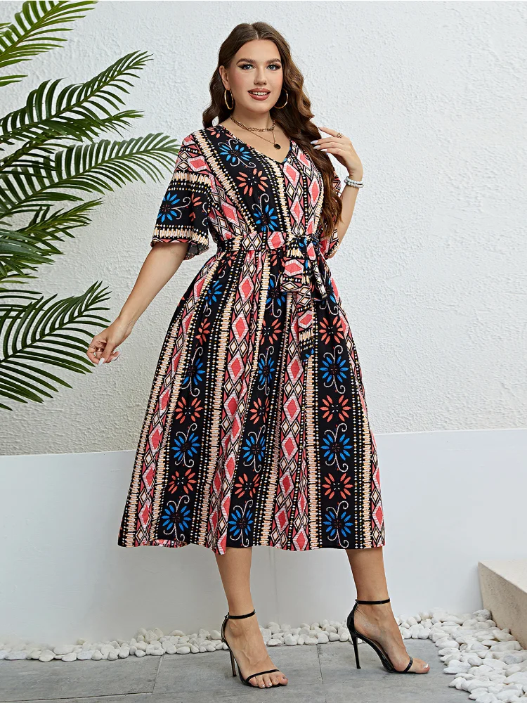 Summer V-neck printed bandage waist dress plus size dresses  vestido feminino vestito plus size outfits