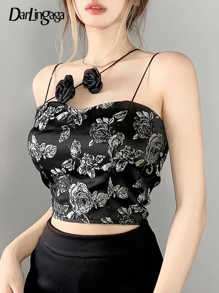 

Darlingaga Asymmetrical Vintage Black Jacquard Crop Top Women Fashion Chic Halter 3D Floral Summer Camisole Tops Gothic Clothes