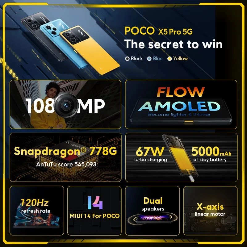 Global Version POCO X5 Pro 5G Smartphone android 128GB 256GB Snapdragon 778G 120Hz AMOLED DotDisplay 108MP Camera MIUI 14 67W