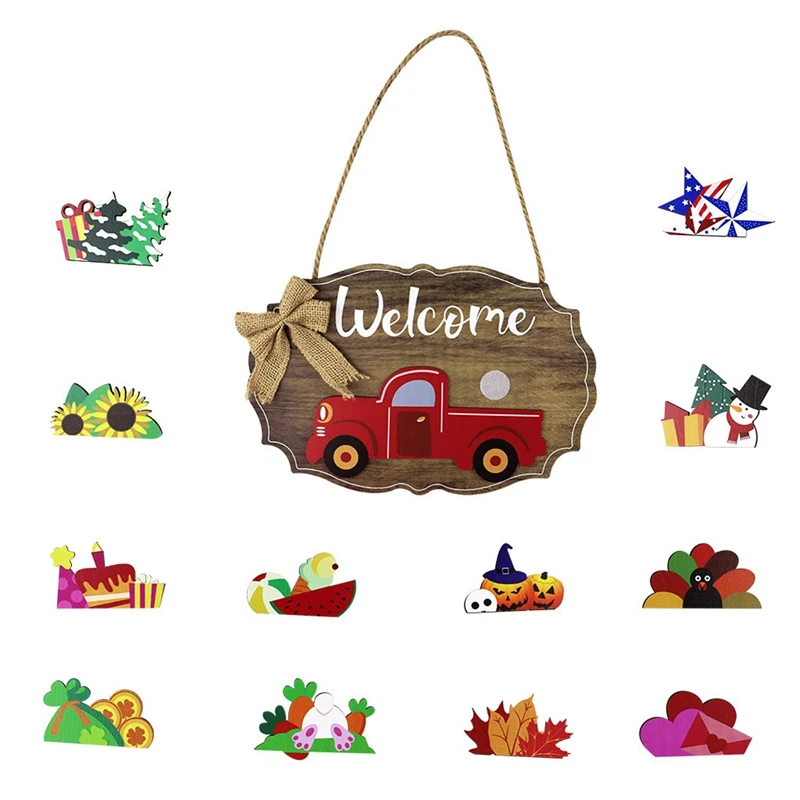 

Welcome Sign And Home Decoration Country Red Truck Decoration With 12 Interchangeable Holiday Icons Wall Decoration
