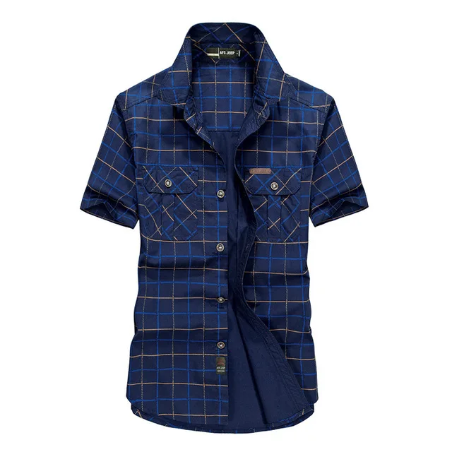 

Plus Size 5XL Summer Short Sleeve Plaid Shirt Mens Casual Loose High Quality 100% Cotton Military Shirts Male Camisa Masculina
