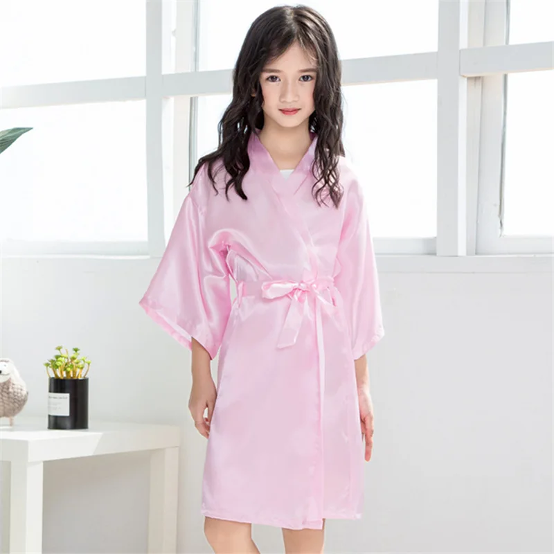 Summer Plain Children's Nightgown Thin Silk-like Cardigan Nightgown Baby Catwalk Cardigan Satin Robe Polyester Knee-Length