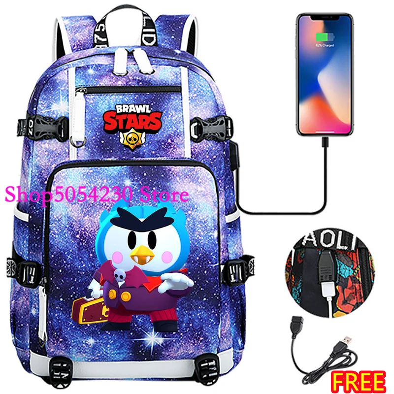 Фото Рюкзак Teen Travelers Brawl Stars Leon Mr.P с принтом, легкий, с USB-портом для зарядки и боковым карманом для бутылки с водой №2