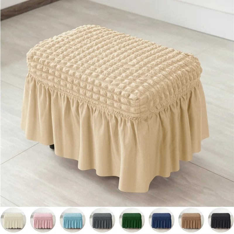 

Stretch Footstool Skirt Cover Seersucker Ottoman Covers Dining Elastic Footrest Slipcovers for Living Room Funiture Protector