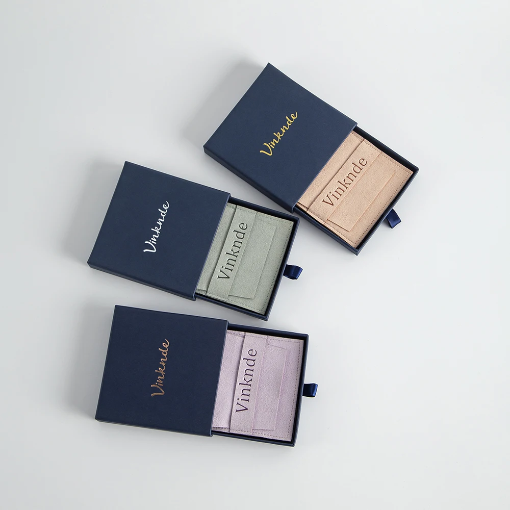 Jewelry Packaging Box Pouches Set Custom Logo 7X7X1.7cm Sliding Drawer Necklace Travel Storage Box Bag Microfiber Suede Gift Bag