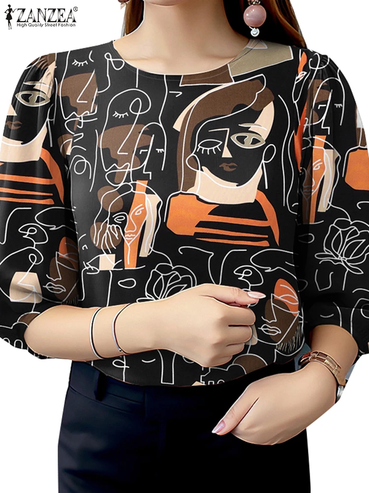 ZANZEA Bohemain Printed Blouses Summer Fashion Women Shirt Female Elegant Work Tops Mujer Casual O Neck 3/4 Sleeve Blusas Tunic