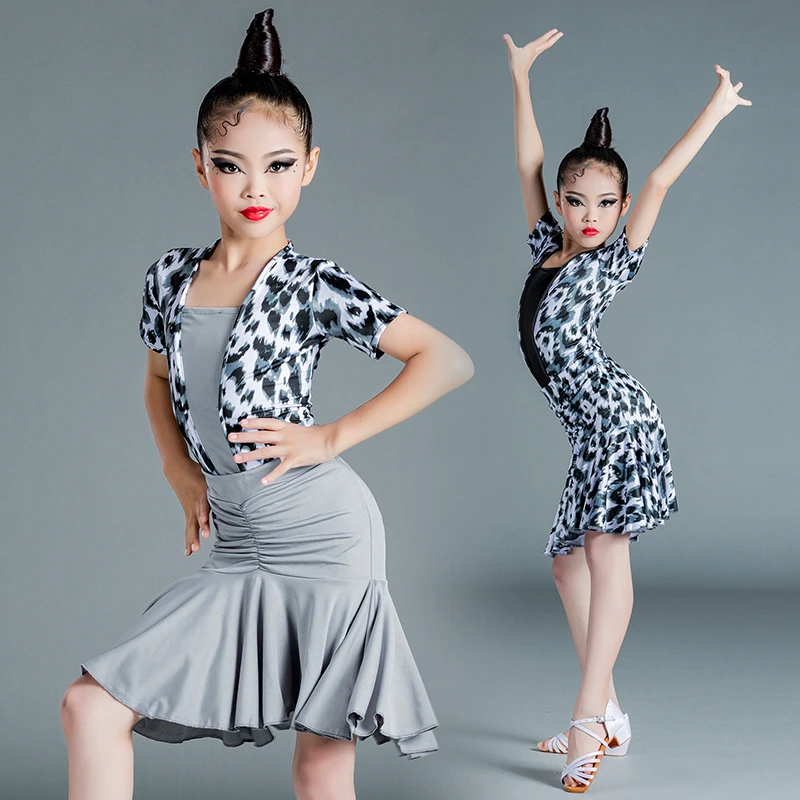 

Latin Dance Dress Girls' Summer Short Sleeve Leopard Pattern Professional Grading Test Training Competition Children's Training