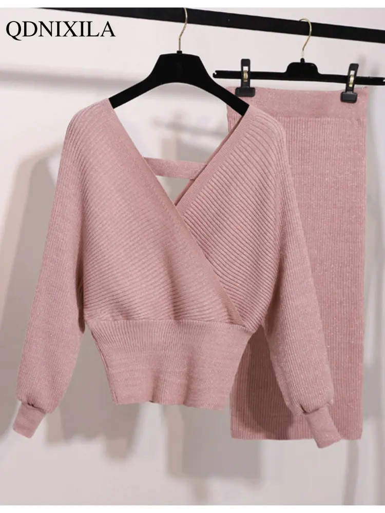 

Spring Autumn New In Women's Dress Sets Chic and Elegant Korean Fashion Knit Suit V-neck Skirt Two Piece Sweater Matching Sets
