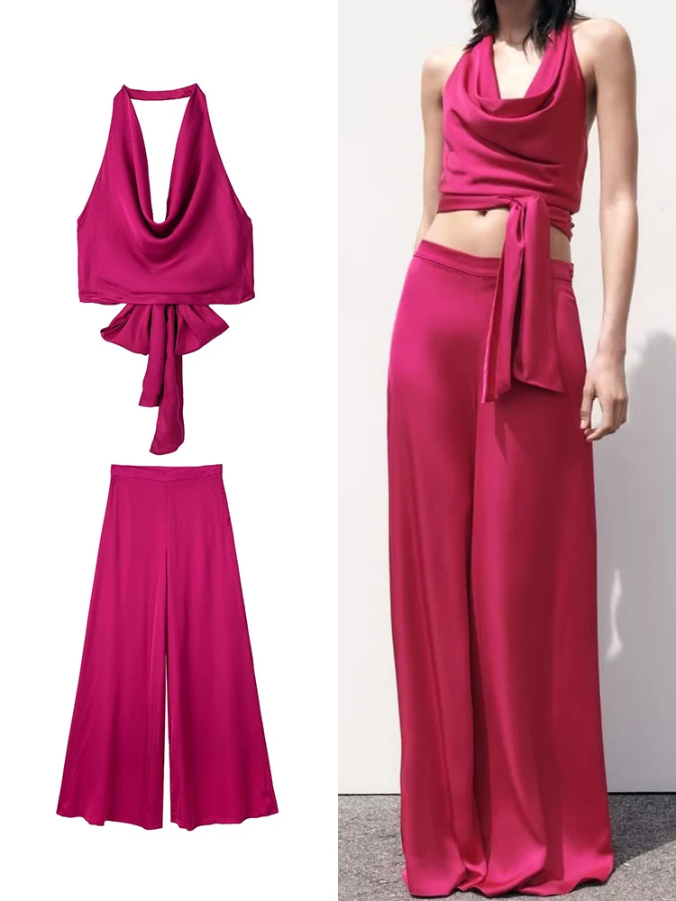 

TRAF Elegant Summer Women Solid Blouse Pants Sets New Hanging Neck Pleated Decoration Top Floor-Length Wide Leg Pants 2 Colors