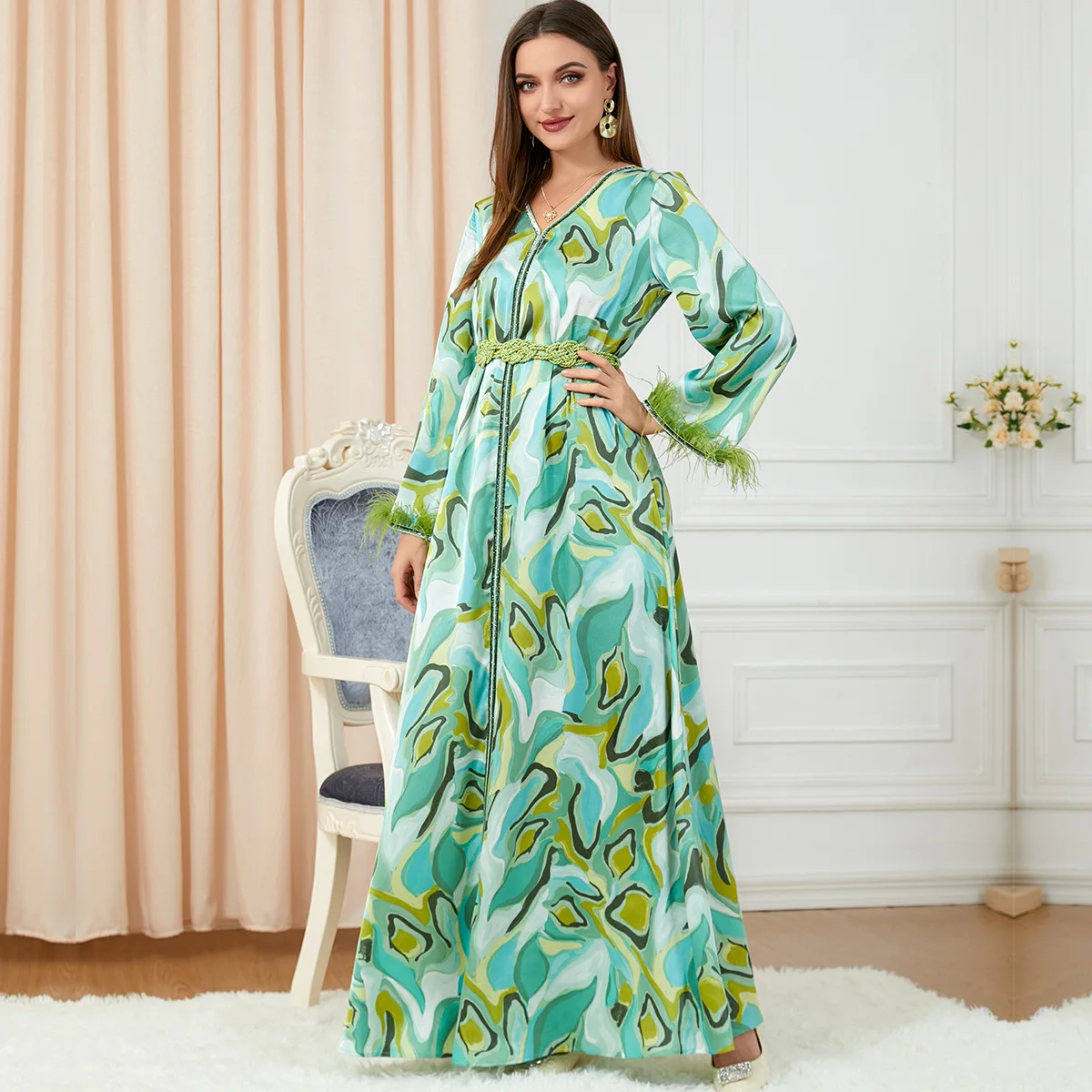 Women Spring and Summer Camouflage Green Feather Sleeve Long Skirt Turkish Indian Abaya Arab Islamic Women Moroccan Kraftan Gown