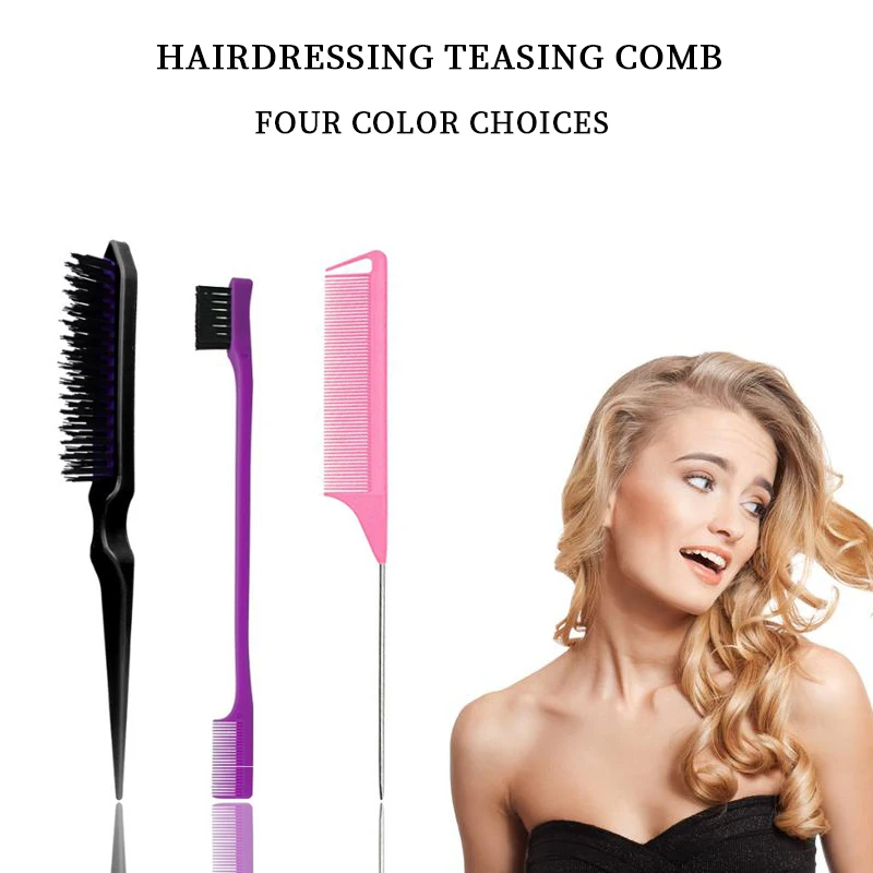 

3Pcs/Set Double Sided Edge Control Hair Brush Teasing Back Clip Combs Pink Rat Tail Comb Hair Styling Brush Accessories