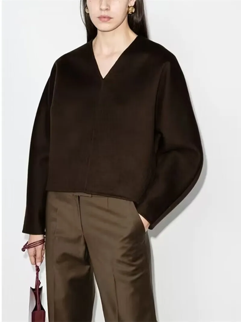 

Женский кашемировый свитер с асимметричным подолом, кофейный винтажный вязаный пуловер свободного покроя с V-образным вырезом и длинным рукавом, Осень-зима 2023
