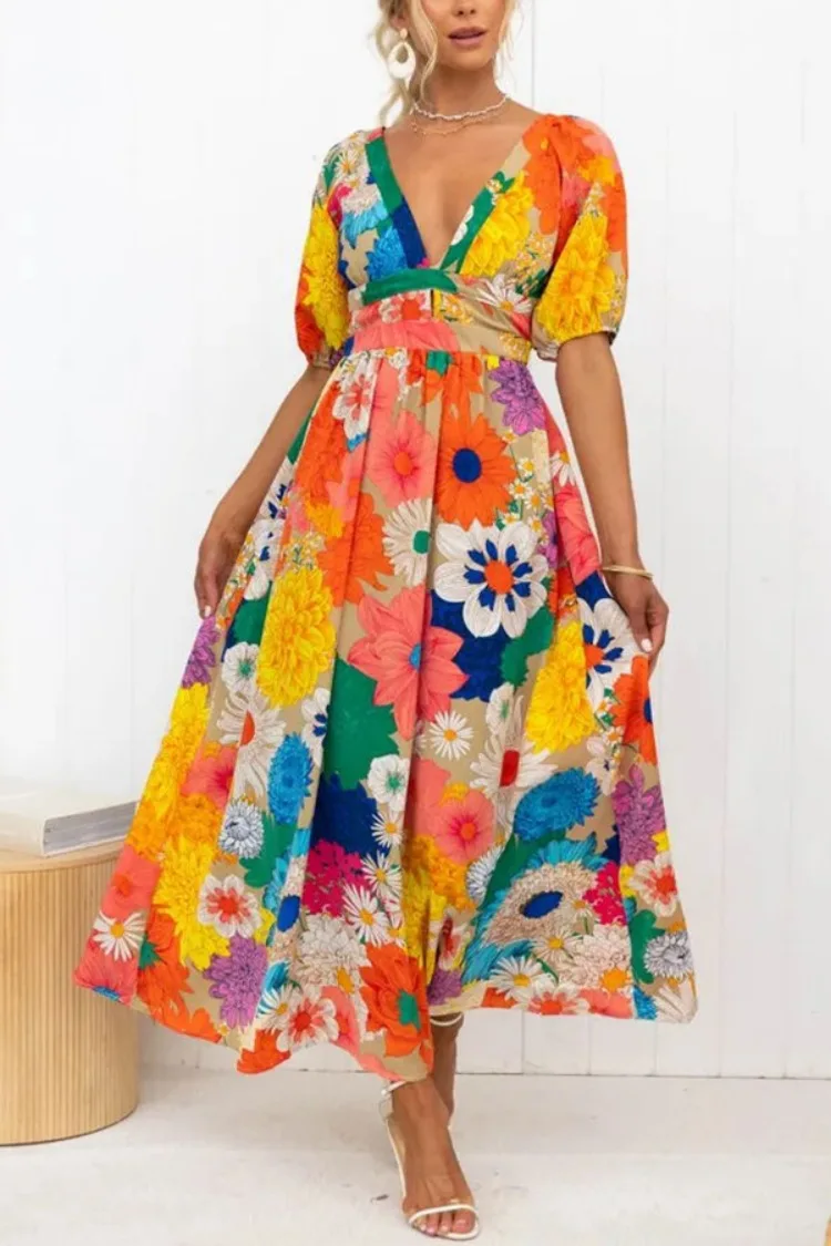 

Женское плиссированное платье-макси RDMQ, с V-образным вырезом и цветочным принтом, с пышными рукавами, повседневное ТРАПЕЦИЕВИДНОЕ ПЛАТЬЕ для отпуска, осень 2023
