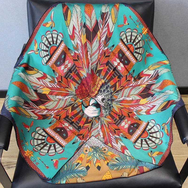

Feather Double-sided Printing 18mmi 90*90cm Twill 100% Silk High-end Scarf Luxury Brand Woman Scarf Foulard Femme Hijab Capes