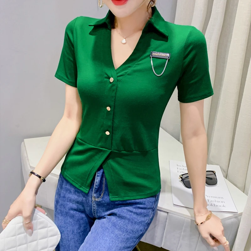 

Женская футболка на пуговицах, хлопковая Футболка с разрезом и коротким рукавом, модель 2023 в европейском стиле на лето, 33003