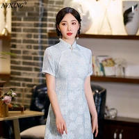 nvnang chinese cheongsam new blue cheongsam lace modified collar fashionable cheongsam short sleeved banquet gown