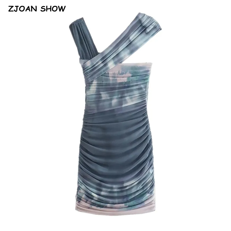 2023 Sexy Blue Gradient Tie-dye Print Cross Strap Sleeveless Ruched Pleated Tank Mesh Dress Women Packages Hips Mini Robe