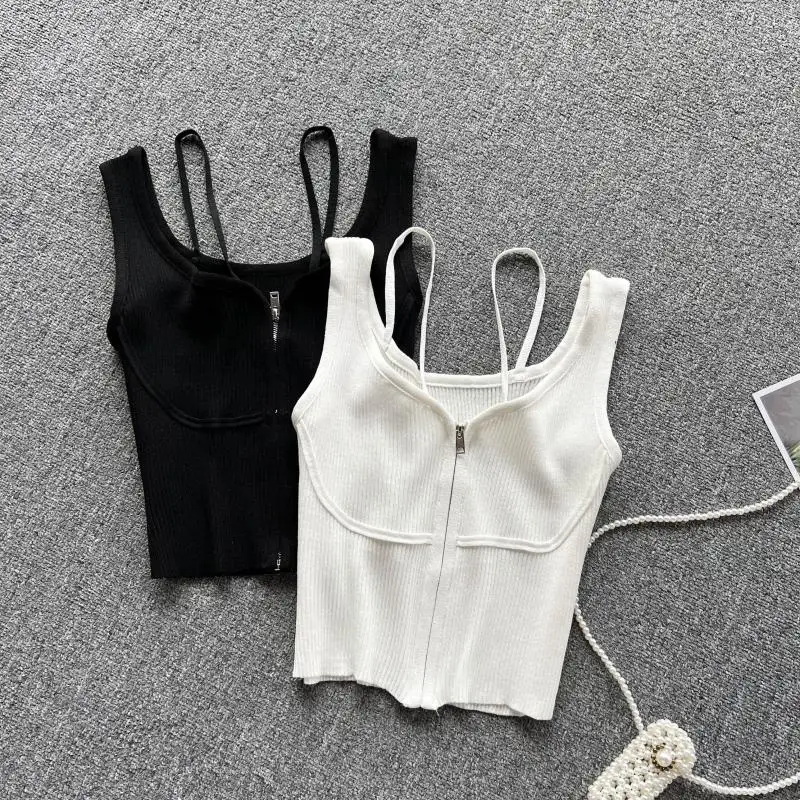 

Spicy Girl Tank Camis For Women Sleeveless Hult Sexy Zipper Spliced Femme Croset Crop Tops French Chic Woman Tanks Camisoles