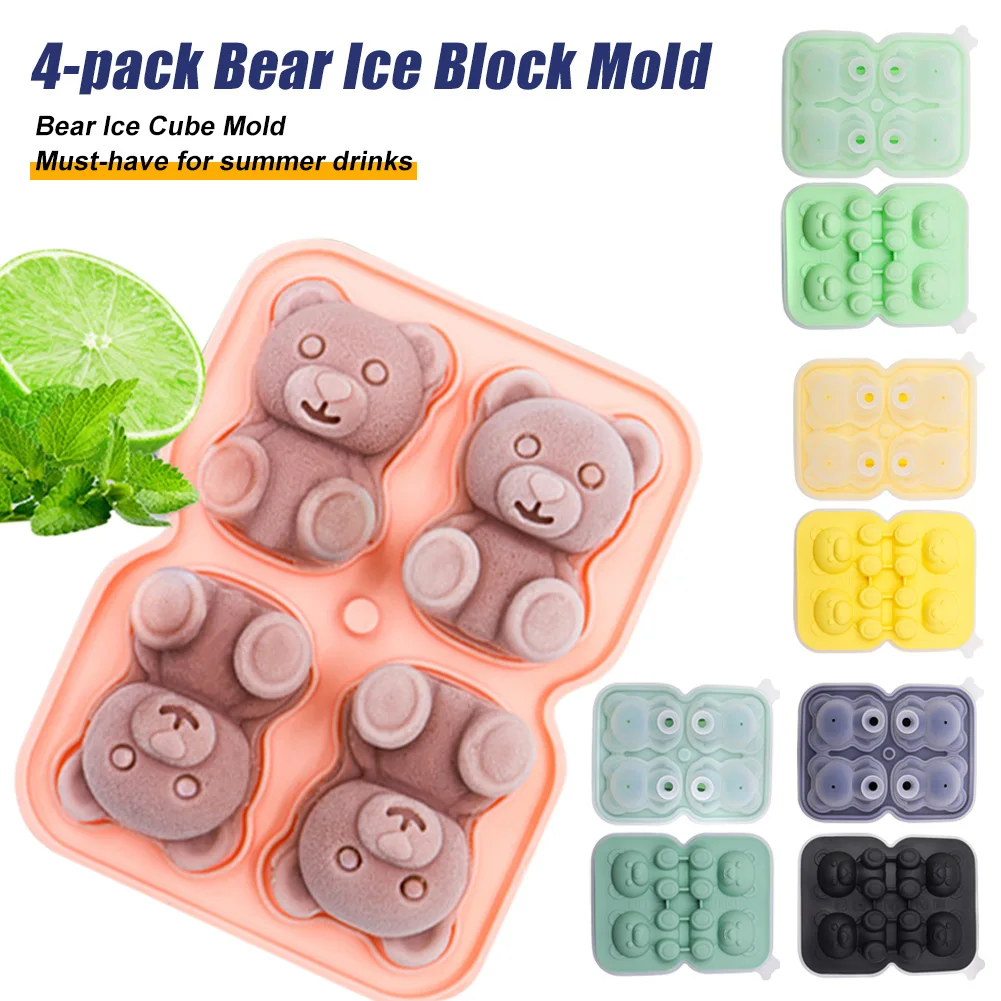 

4 Cavity Ice Cube Tray Bear Ice Cube Mold Silicone Ice Cube Making Mold With Container Coffee Milk Tea Whiskey Ice Mold