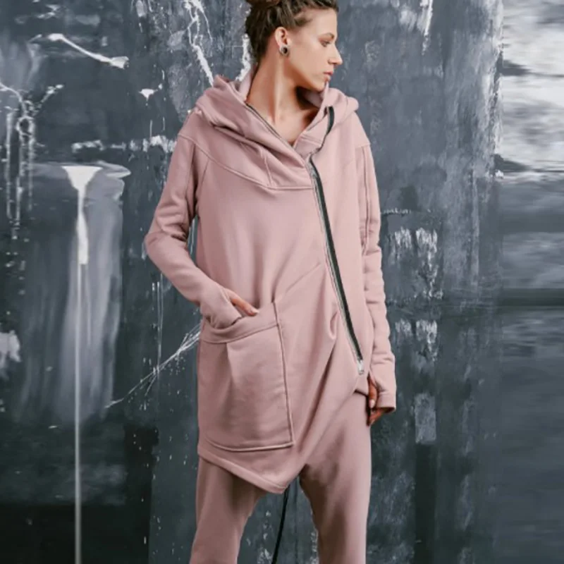 

Autumn Winter Casual Hooded Sweatshirts Women Fashion Zipper Pocket Solid Coats Elegant Asymmetrical Long Sleeves Loose Jackets