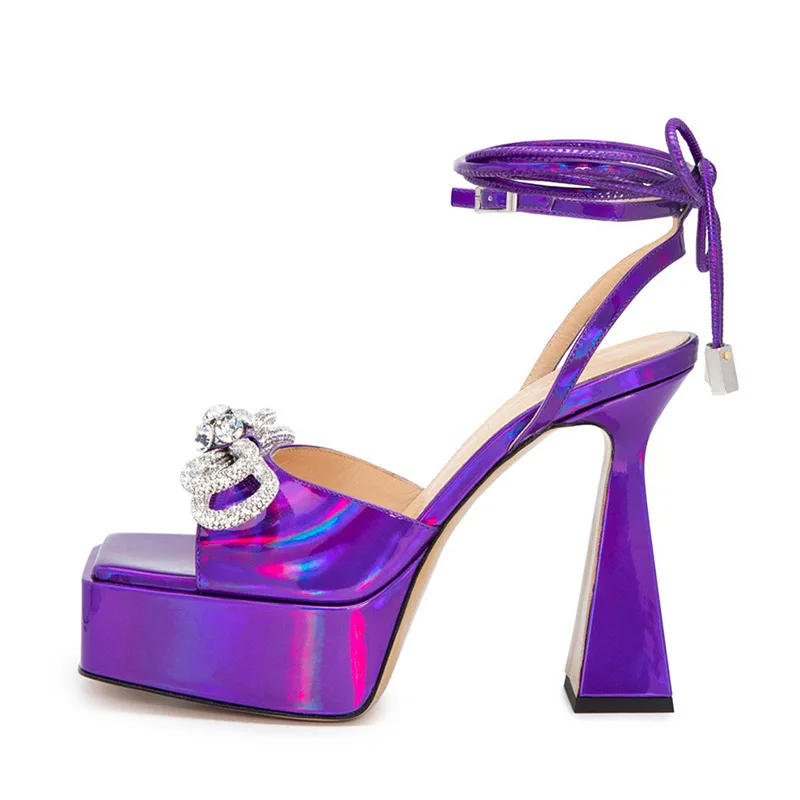 

Women Sexy Waterproof Platform Super High Heels 2022 Summer Square Head Laser Women Shoes Rhinestone Butterfly Prom Sandals