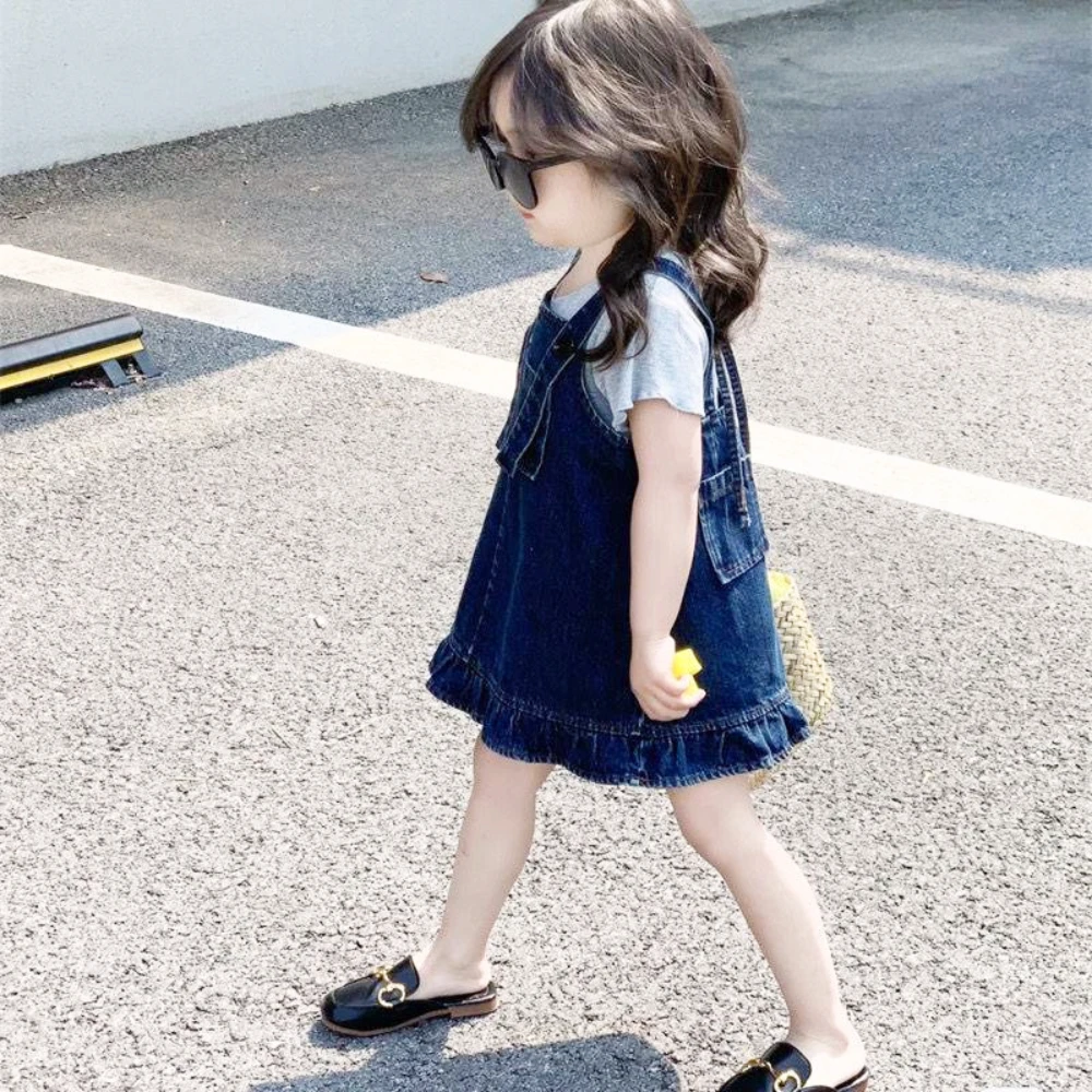 Girls Dress Denim Skirt Baby Girl Summer Casual Short-sleeved Vest + Suspender Skirt New Children's Clothing