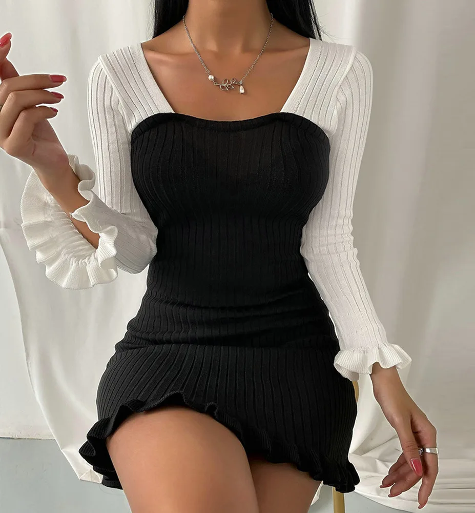 

Sexy Slim Fit Colorblocked Backless Tie Ruffle Dress Fashion Casual Autumn New Black and White Patchwork Long Sleeve Dress