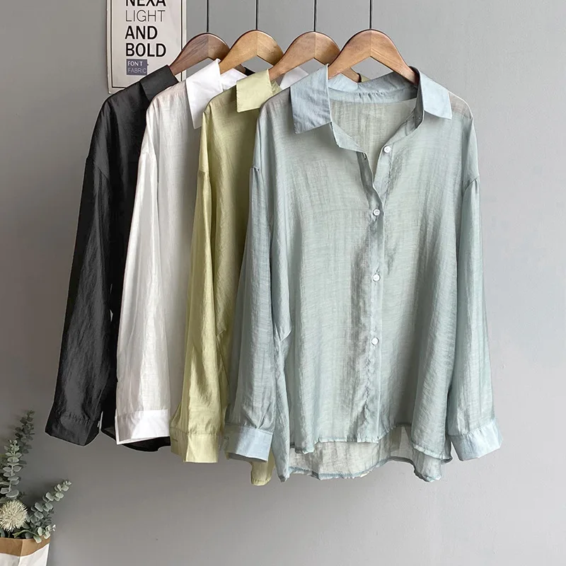 

COIGARSAM Shirt Womens Tops Spring 2022 Vintage Solid Loose Straight Thin Women Shirts Dropshipping