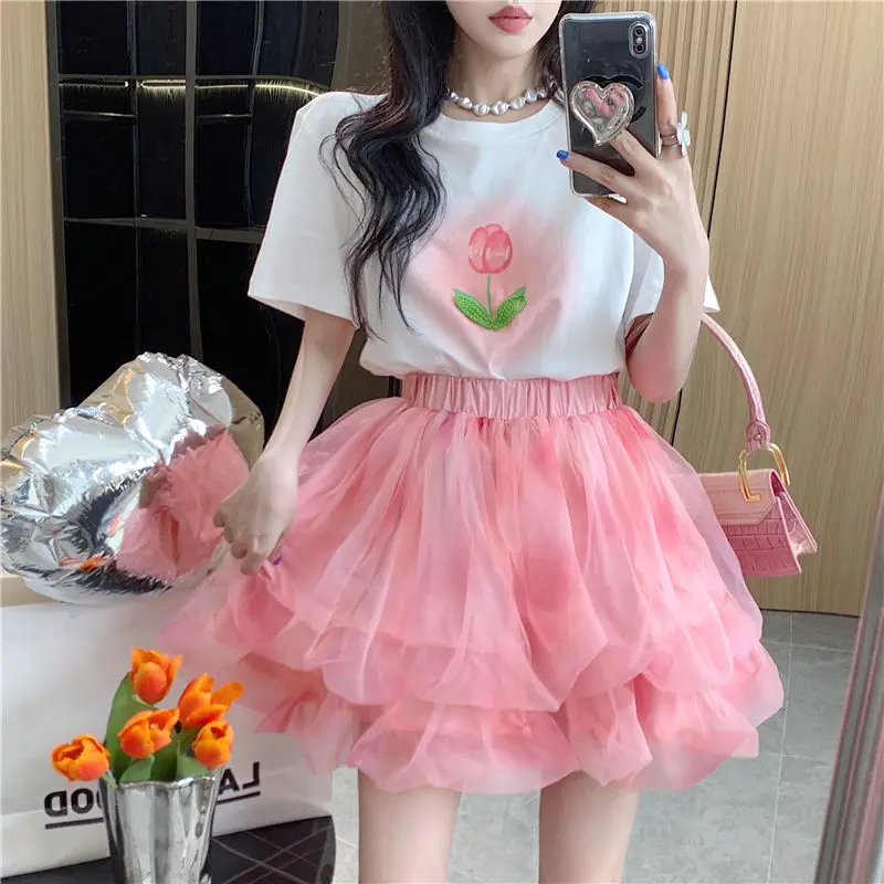

Summer Lolita Printing Net Yarn Elastic Waist Mini Dress Women Clothes Fashion Pleated High Waist Cake Skirt White Top T-Shirt