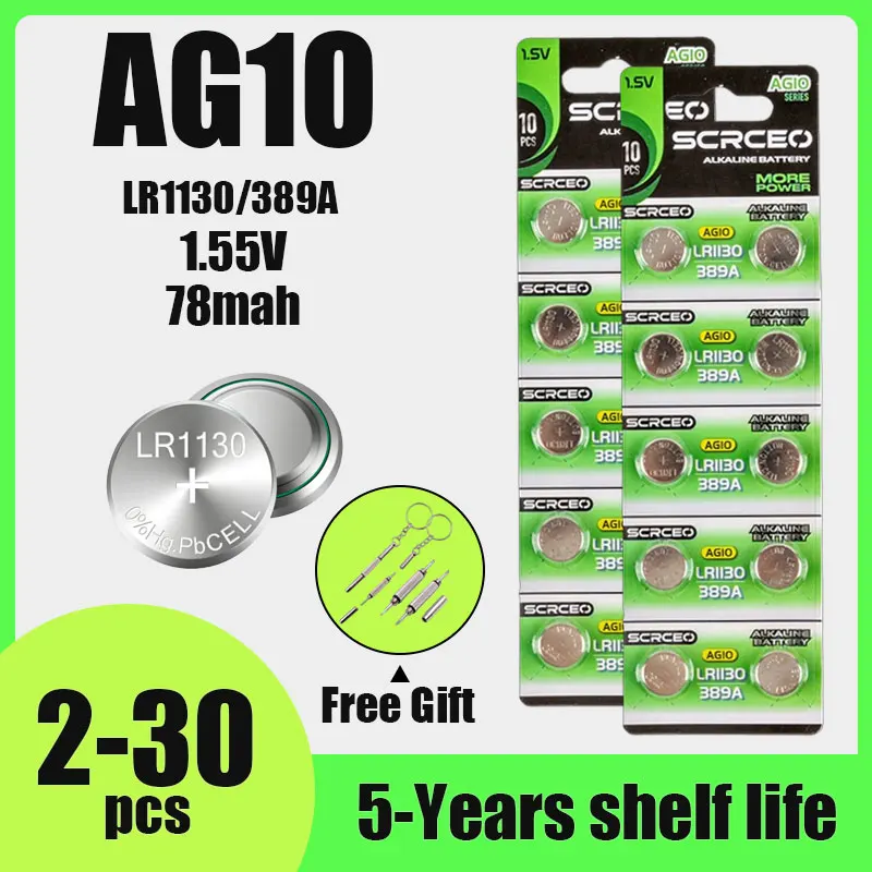 Фото Щелочная батарейка-таблетка 1.55V 78mAh AG10 SR1130 LR54 (2-30 шт.) 389 G10 189 LR113 V10GA для часов, пультов ДУ №1