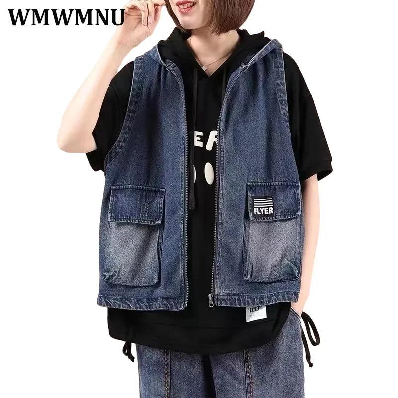 

Women's Korean Loose Hooded Denim Sleeveless Coats Female Retro Classic Vests Outwears Cowboy New Chic Pockets Waistcoat Jackets