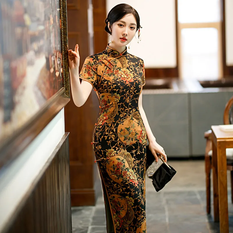 Improved Cheongsam Show Long Style Spring New Short Sleeved Chinese Style Qipao Mother Style Daily Self-cultivation