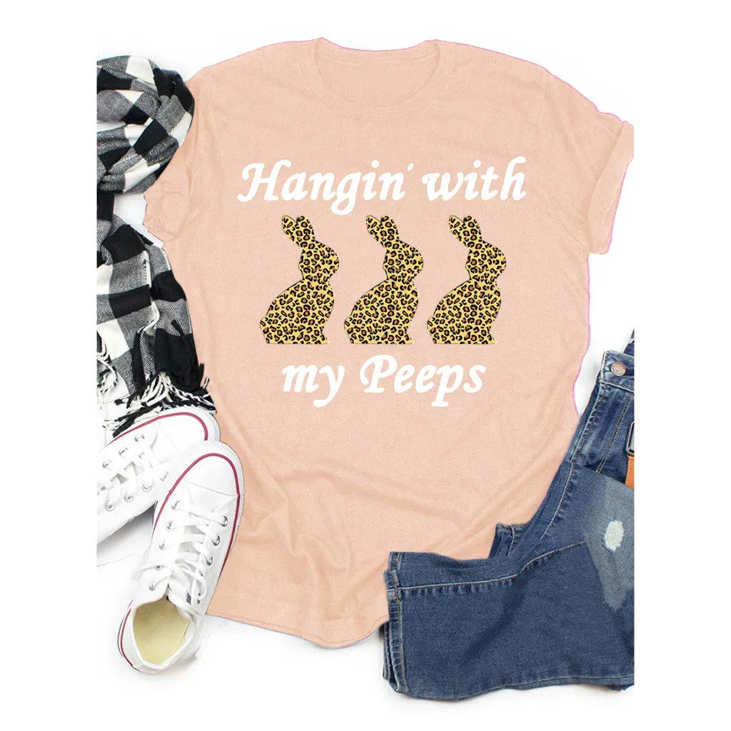 

Easter Women Summer Leopard Print Round Neck Short Sleeved T-shirt