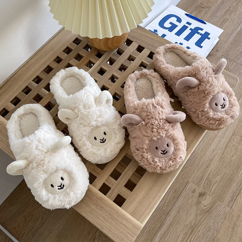 Cartoon Cute Cotton Slippers Autumn and Winter Indoor Home Couple Slippers Warm Faux Fur Slippers Girl Heart Cotton Shoes Winter