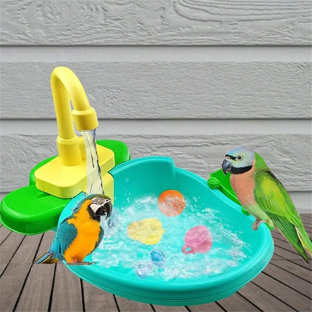 

Bird Bath Tub With Faucet Pet Parrots Parakeet Cockatiel Fountains Spa Pool Shower Multifunctional Toy Cleaning Tool