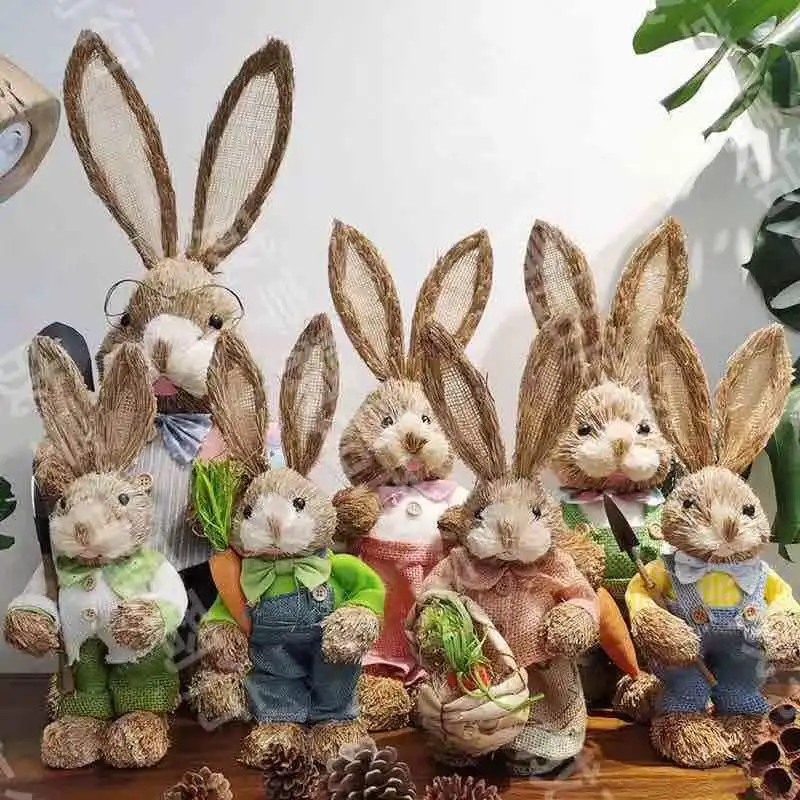 

2023 Year Easter Straw Easter Rabbit Decoration with Clothes Happy Easter Home Garden Wedding Ornament Photo Props Crafts Bunny