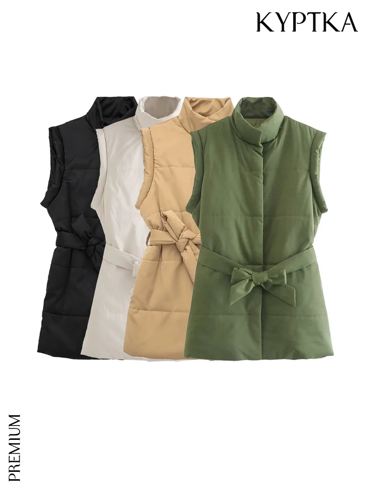

KYPTKA Women Fashion With Belt Thick Warm Padded Waistcoat Vintage High Neck Front Zipper Female Outerwear Chic Vest Tops