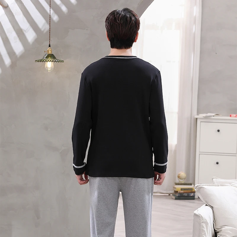 QUHENG Men Pajama Sets Cotton Pijama Round Neck Autumn Sleepwear Long Sleeve Nightwear Male 2 Pieces Sets Casual Homewear